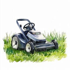 Lawn care action with electric lawn mower in a residential garden outdoor environment bird's eye view greenery and maintenance concept