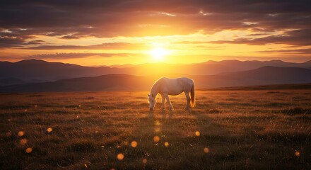 Majestic white horse grazing in a golden meadow at sunset