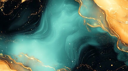 Abstract teal and gold fluid art background with glitter for modern design projects