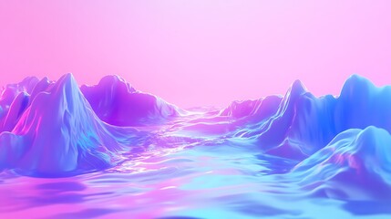 Surreal pastel landscape with mountains and water reflections in pink and blue tones