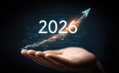 A hand holding a rising arrow with a glowing digital graph and "2026" text on dark background
