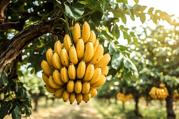 Naklejka premium A close-up view of a heavy bunch of bright yellow bananas still attached to their tree The background shows a blurred plantation setting with more banana trees