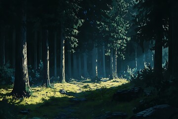 Fototapeta premium Mysterious dark forest. Dark path through the mysterious dark forest.