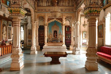 Naklejka premium The interior of an old French mansion, a baroque-style room with art and antiques on the walls