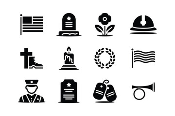 American flag tombstone flower boot candle wreath bugle soldier helmet dog tags vector