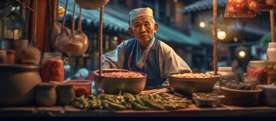 A wise Asian chef at his food stall, Preparing fresh ingredients at a traditional market