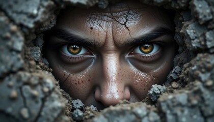 Intense Human Eyes Peering Through a Hole in a Cracked Surface