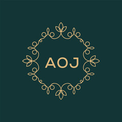AOJ letter logo design on Black background. 