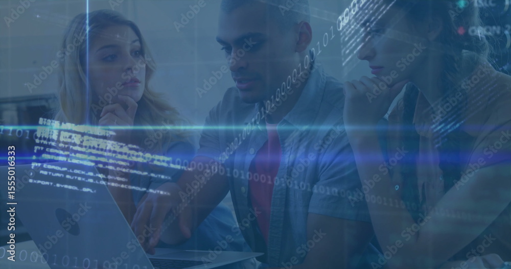 Poster collaborating tech team pointing and typing on laptop at office desk, with binary code overlay