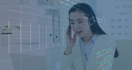 Working business professional analyzing stock charts, code on laptop at office with headset