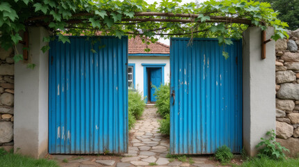 Blue Metal Gate of a Ukrainian Countryside House