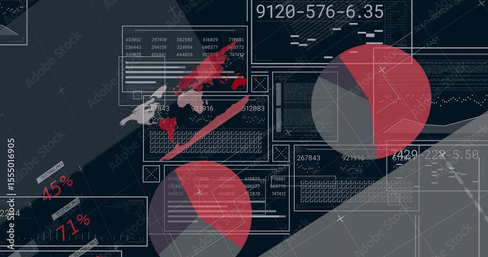 Poster displaying digital analytics dashboard in virtual interface, with world map and pie charts