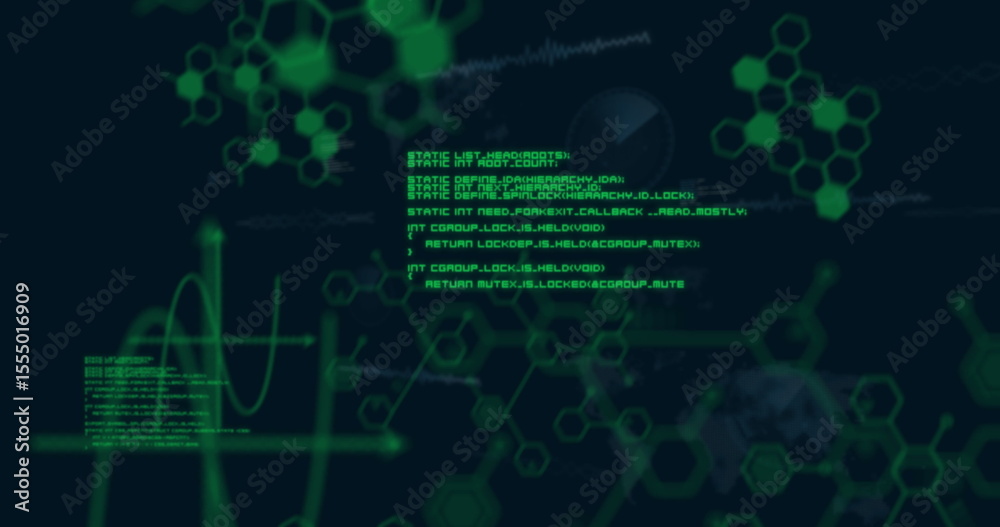 Poster displaying green code executing on digital interface, with molecular diagrams and waveform graph