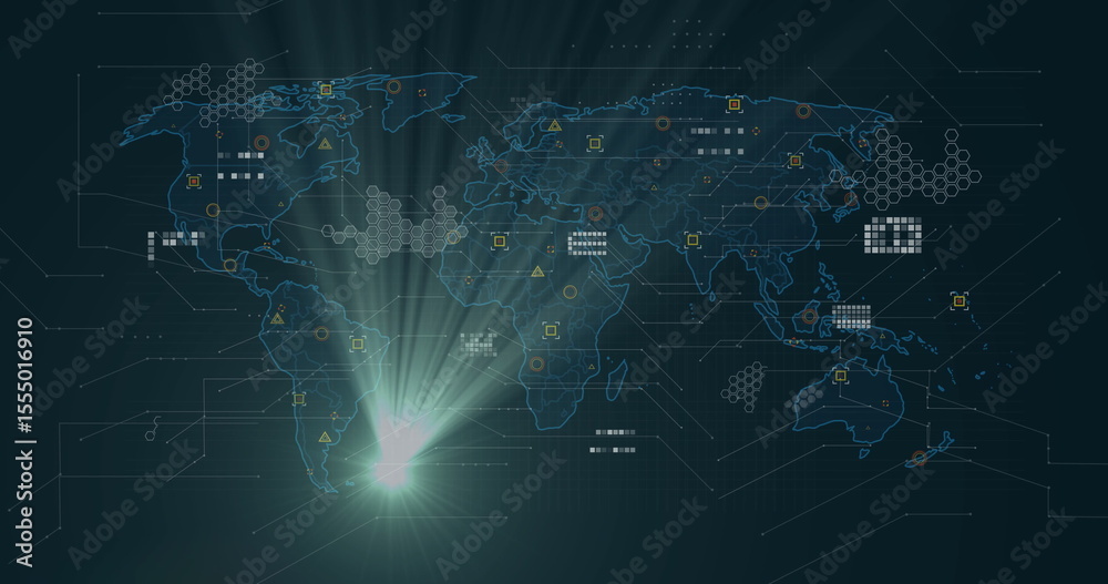 Poster displaying world map on interface, showing hexagon grids, circular data nodes and light flare