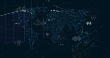 Displaying world map dashboard on desktop, showing hexagonal clusters, warning icons and data panel