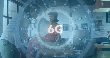 6G technology image over diverse people collaborating in modern office