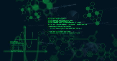 Displaying green code executing on digital interface, with molecular diagrams and waveform graph