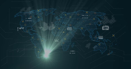 Displaying world map on interface, showing hexagon grids, circular data nodes and light flare