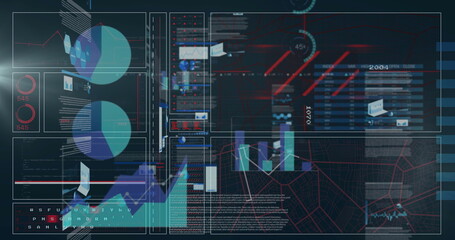 Displaying futuristic data dashboard showing pie charts, bar graphs and map overlay on dark grid