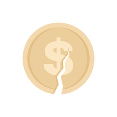 Cracked golden dollar coin isolated on white background. Flat vector illustration