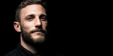 Obraz premium Confident Man with Beard in Dramatic Lighting Against Dark Background