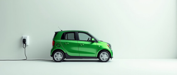 Compact Green Electric Car with Charging Cable Positioned on Left in Modern White Space