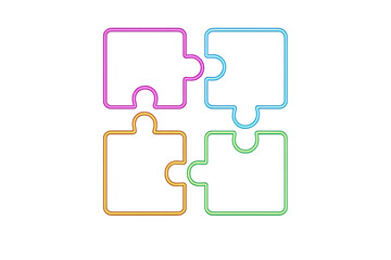 Four colorful neon puzzle pieces are joining together, creating a complete square on a transparent background