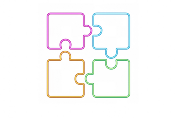 Four colorful neon puzzle pieces are joining together, creating a complete square on a transparent background