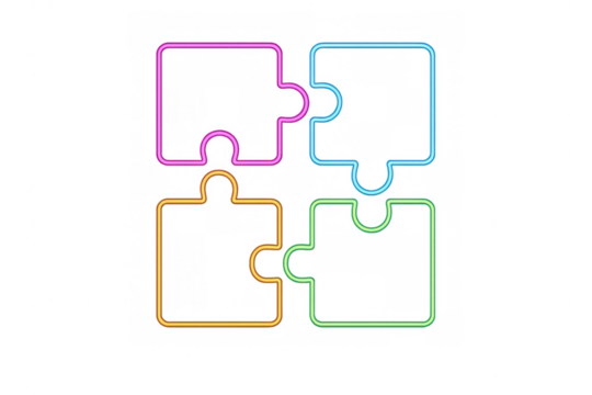 Four colorful neon puzzle pieces are joining together, creating a complete square on a transparent background