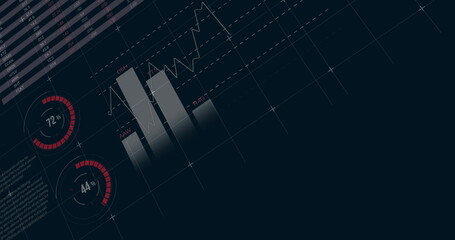 Showing data dashboard on virtual desktop, with gauge meters, bar charts, line chart and data table