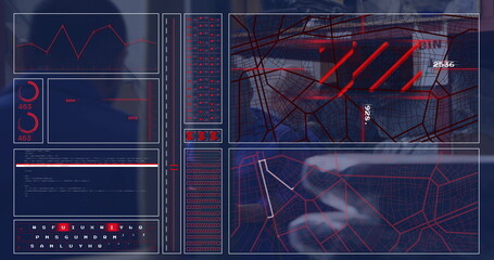 Three data analysts monitoring dashboard interface in dim control room, with map overlay