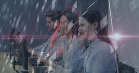 Working support agents talking through headsets and typing on keyboards at office, code overlay