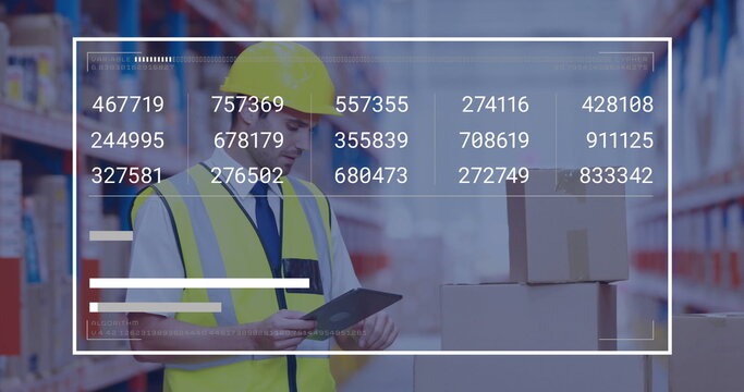 Inspecting warehouse worker using tablet with overlay in warehouse, safety vest, metal racks, boxes