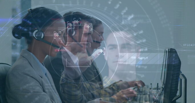 Reaching African American woman hovering over monitor at office, headsets, HUD overlays, copy space