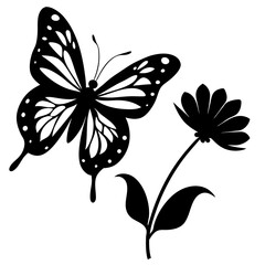 Elegant Butterfly and Flower Silhouette Black Vector Design 

