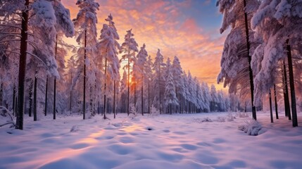 Naklejka premium Beautiful winter landscape with snowy trees and a cold, blue sky over a sunlit forest road