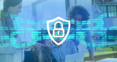 Collaborating professionals reviewing laptop at modern office, with padlock security overlay