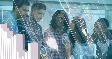 Analyzing data, six professionals leaning over holographic charts in meeting room with tablet