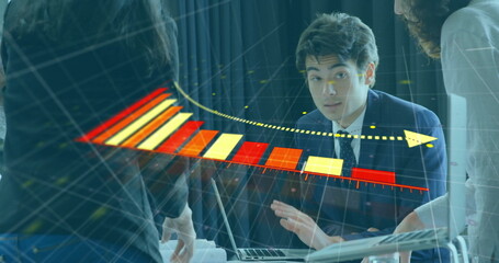 Native American man in navy suit presenting bar chart and arrow at conference table, with laptop