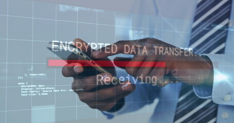 Holding smartphone, man wearing shirt and tie handling encrypted data in office, with code overlay