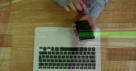 Typing developer hands entering code at home workstation, with laptop smartphone encryption overlay