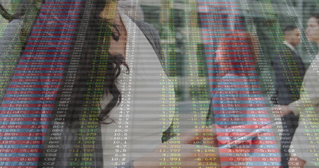 Pondering white blazer businesswoman resting chin in financial district, with stock ticker overlay