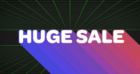 Displaying bold white text HUGE SALE on black grid plane, with green lines and gradient shadow