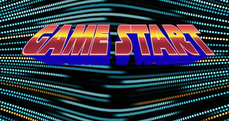 Floating 3D neon GAME START text hovering over wave grid in futuristic display, with glowing dots