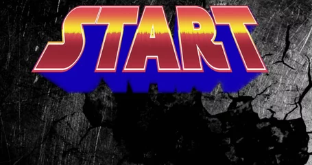Fototapete Displaying START with red-yellow gradient, blue shadow and white outline on cracked dark background © vectorfusionart
