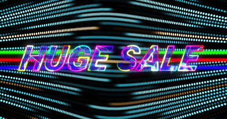 Displaying neon glitch ‘HUGE SALE' text glowing on digital ad, with RGB stripe and light-dot waves