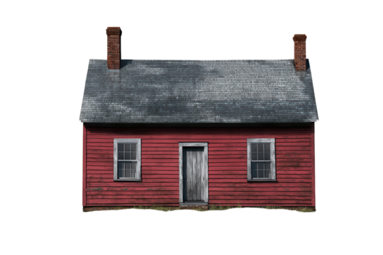 Colonial saltbox house with a red exterior standing alone on a tranquil landscape under a clear sky