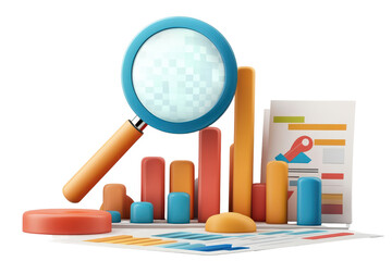 Obraz premium Colorful illustration featuring a magnifying glass over a collection of vibrant bar graphs and statistical data in a modern workspace
