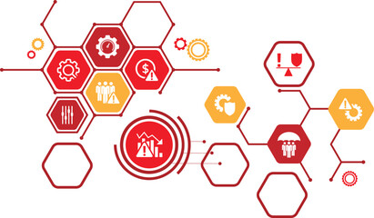 Risk management vector illustration. Concept with icons related to risk analysis or risk assessment and identification in business, in a company or in finance.