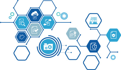 Document management vector illustration. Blue concept with no people related to digital file storage system and software, corporate records keeping, database technology.